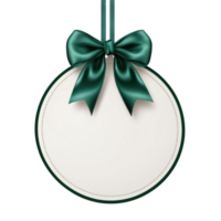 Round Christmas sale tag with green ribbon and bow hanging isolate on transparent background png