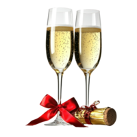 Two glasses of Champagne with a cork and red barbles and golden ribbon and bow isolate on transparent background png