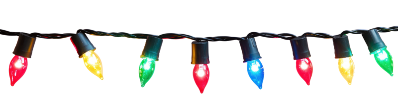A string of colorful Christmas lights hanging isolate on transparent background png