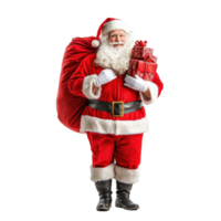Santa carrying red sack with gifts on the shoulder, standing front view isolate on transparent background png
