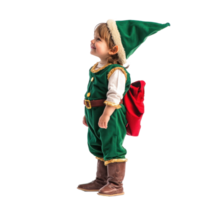 Funny little child wear christmas elf costume side view isolate on transparent background png