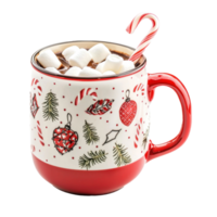 Red Hot chocolate mug with candy cane and marshmallows and christmas decoration isolate on transparent background png
