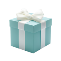 Blue gift box with white ribbon and bow front view isolate on transparent background png