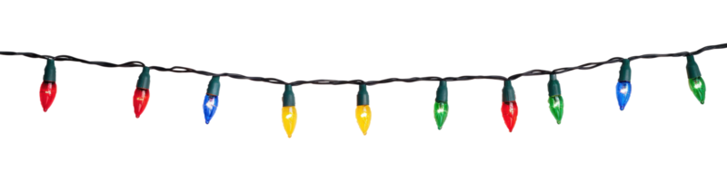 A string of colorful Christmas lights hanging isolate on transparent background png