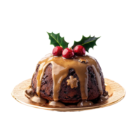 Christmas pudding with decorations items front view isolate on transparent background png