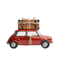 travel suitcase tied up on mini red car, miniature style isolate on transparent background png