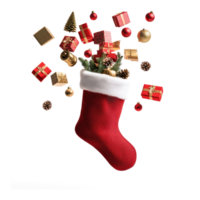Gifts and decoration items falling into Red Christmas stocking floating isolate on transparent background png