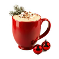 Red mug of eggnog cocktail with christmas decoration front view isolate on transparent background png