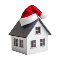 Modern Mini model house with Santa Claus's hat on top isolate on transparent background png
