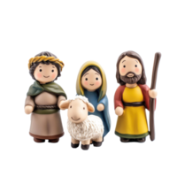 Christmas figurines of Jesus, Mary, Joseph and sheep front view isolate on transparent background png