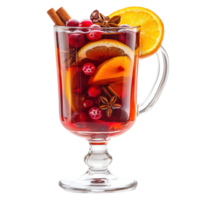 glass of mulled wine with cut orange, cranberries and different spices front view isolate on transparent background png