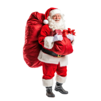 Smiling Santa carrying red back sack with present, standing front view isolate on transparent background png