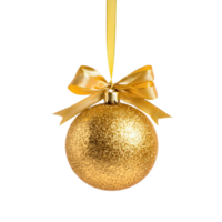 Golden Christmas Ball honing with bow and ribbon isolate on transparent background png