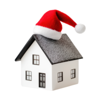 Modern Mini model house with Santa Claus's hat on top isolate on transparent background png