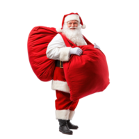 Smiling Santa hand carrying red big sack at the back, standing front view isolate on transparent background png