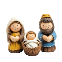 Christmas figurines of Joseph, Mary, and the baby Christ child in a manger front view isolate on transparent background png