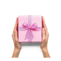Hands hoding pink gift box top view isolate on transparent background png