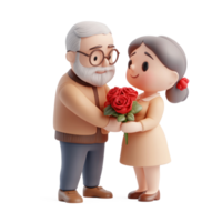 A senior man giving a bouquet of red roses to his wife 3D icon cartoon isolate png