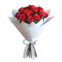 A bouquet of red roses wrapped in white smooth paper with white ribbon 3D icon cartoon isolate png