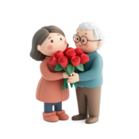 A senior man giving a bouquet of red roses to his wife 3D icon isolate png
