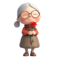 Old woman holding red rose 3D icon isolate png