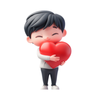 Little boy hugging red heart pillow 3D icon cartoon isolate png