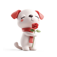 Cute Dog holding a red rose in his mouth 3D icon cartoon isolate png