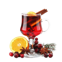 glass of mulled wine with cut orange, cranberries and different spices isolate on transparent background png