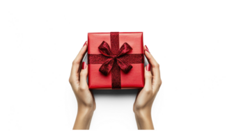 Hands holding red gift box isolate on transparent background png