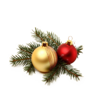 Gold christmas canle with green fir branch and red shiny bauble isolate on transparent background png