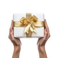 hands holding gift box with white and gold ribbon and bow side view isolate on transparent background png