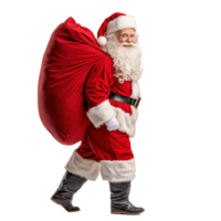 Santa carrying red sack with gifts on the shoulder, standing side view isolate on transparent background png