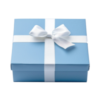 Blue gift box with white ribbon and bow front view isolate on transparent background png