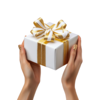 hands holding gift box with white and gold ribbon and bow side view isolate on transparent background png