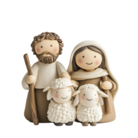 Christmas figurines of Jesus, Mary, Joseph and sheep isolate on transparent background png