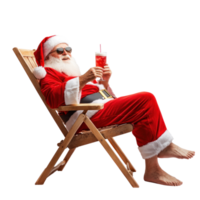 Santa Claus relaxing on beach chair holding coktail side view isolate on transparent background png