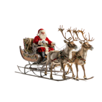 Santa Claus riding a sleigh led by reindeers side view isolate on transparent background png