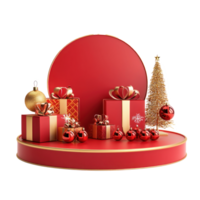 Empty Christmas podium with gold and red decorations and presents isolate on transparent background png