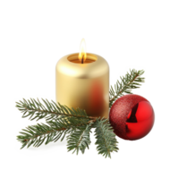 Gold christmas canle with green fir branch and red shiny bauble front view isolate on transparent background png