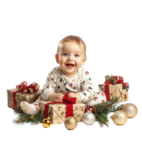 Smiling baby sitting with christmas decorations items front view isolate on transparent background png
