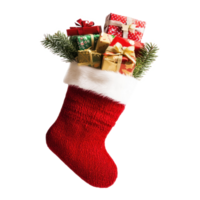 Little christmas stocking full of gifts front view isolate on transparent background png