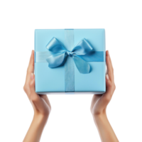 Hands hoding blue gift box side view isolate on transparent background png