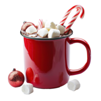 Red Hot chocolate mug with candy cane and marshmallows and christmas decoration isolate on transparent background png