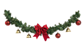Green Christmas garland with gold bells in the middle with red ribbon and bow and other decoration isolate on transparent background png