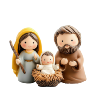 Christmas figurines of Joseph, Mary, and the baby Christ child in a manger front view isolate on transparent background png