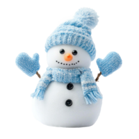 Cute smiling snowman made of snow wearing blue hat and mittens isolate on transparent background png