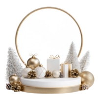 Empty Christmas white and gold podium with decoration items isolate on transparent background png