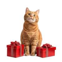 Smiling cat sitting with red gifts box full length isolate on transparent background png