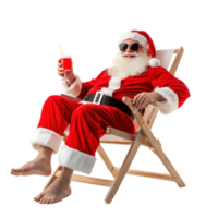 Santa Claus relaxing on beach chair holding coktail side view isolate on transparent background png