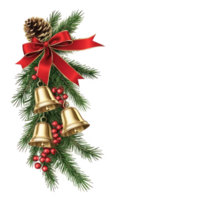 Christmas corner with gold bells and red ribbon and bow, green fir with pine tree, red balls berries and cones isolate on transparent background png